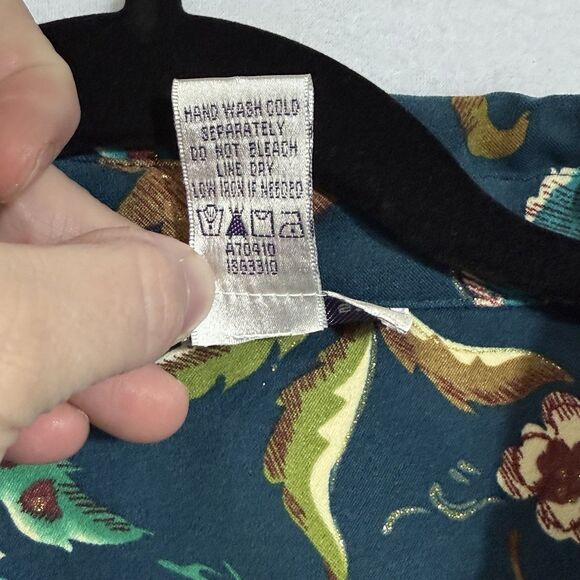 Susan Graver Style Teal Floral 3/4 Sleeve Button Up Shirt Blouse Women's L - Picture 9 of 9